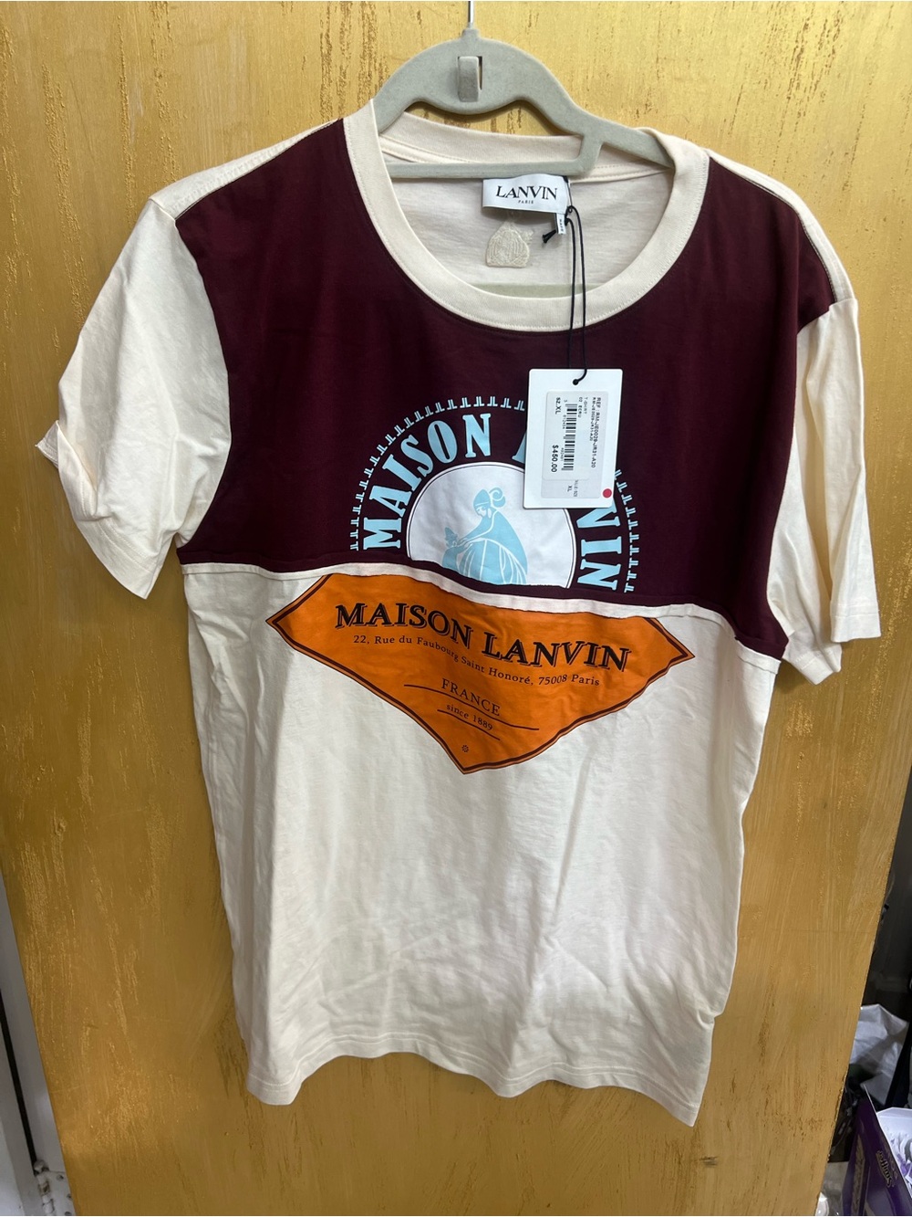 Lanvin Cream, Burgundy & Orange Colorblock Logo Tee